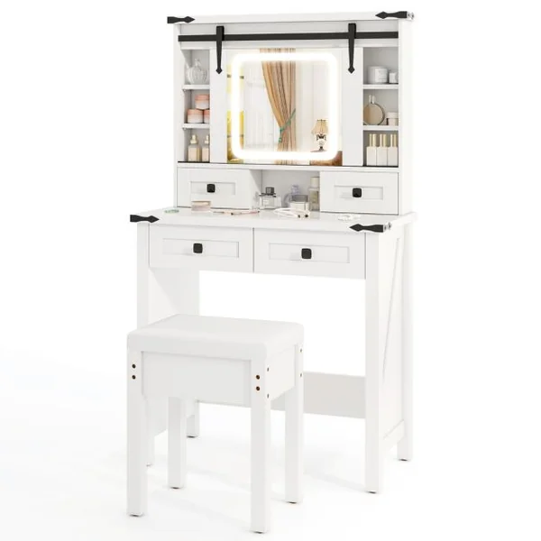 Ensemble de Coiffeuse et Tabouret avec Lumières et Miroir Coulissant Lumières LED à Intensité Variable à 3 Couleurs Blanc