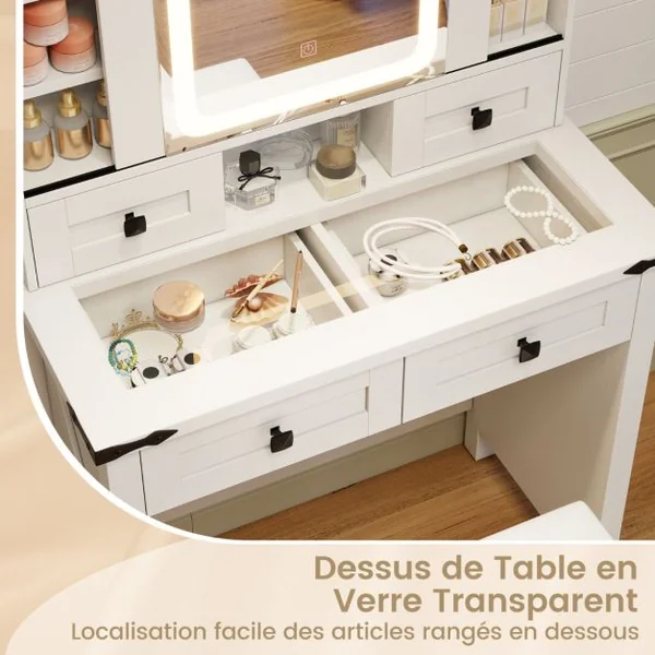 Ensemble de Coiffeuse et Tabouret avec Lumières et Miroir Coulissant Lumières LED à Intensité Variable à 3 Couleurs Blanc