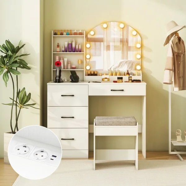 Ensemble de Coiffeuse et Tabouret Coiffeuse avec Miroir et Lumières Station de Charge Lumières LED Réglables à 3 Couleurs 4 Tiroirs Blanc
