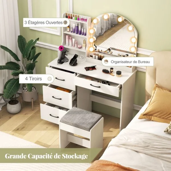 Ensemble de Coiffeuse et Tabouret Coiffeuse avec Miroir et Lumières Station de Charge Lumières LED Réglables à 3 Couleurs 4 Tiroirs Blanc