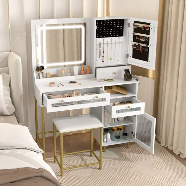 Ensemble de Coiffeuse et Tabouret Table de Maquillage avec Miroir LED à 3 Couleurs Station de Charge Armoire à Bijoux et Tiroirs Blanc