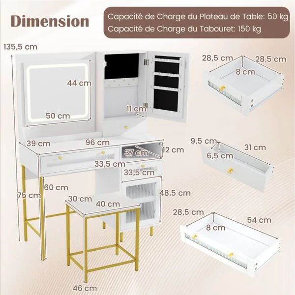 Ensemble de Coiffeuse et Tabouret Table de Maquillage avec Miroir LED à 3 Couleurs Station de Charge Armoire à Bijoux et Tiroirs Blanc