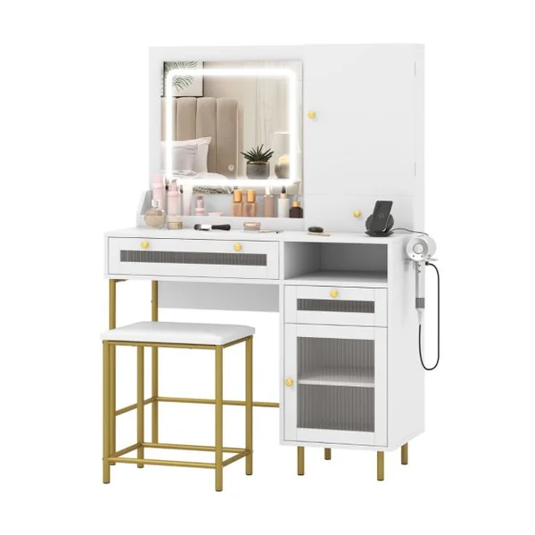 Ensemble de Coiffeuse et Tabouret Table de Maquillage avec Miroir LED à 3 Couleurs Station de Charge Armoire à Bijoux et Tiroirs Blanc
