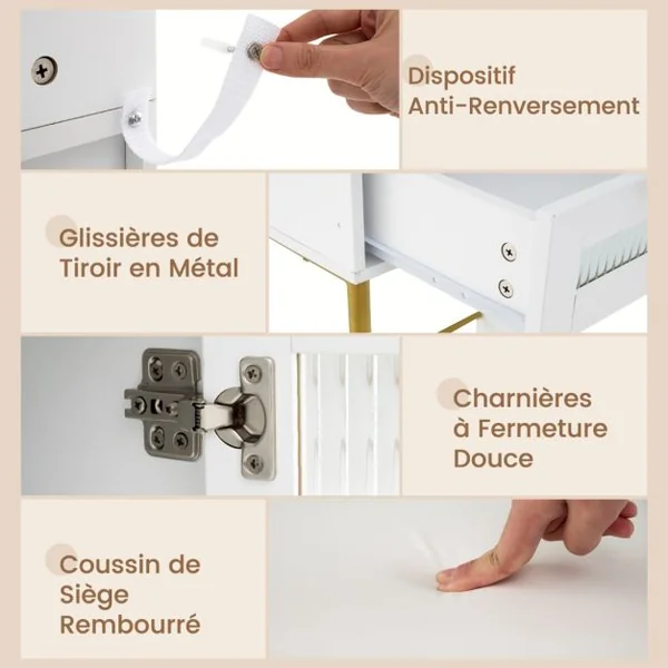 Ensemble de Coiffeuse et Tabouret Table de Maquillage avec Miroir LED à 3 Couleurs Station de Charge Armoire à Bijoux et Tiroirs Blanc