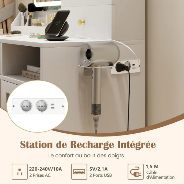 Ensemble de Coiffeuse et Tabouret Table de Maquillage avec Miroir LED à 3 Couleurs Station de Charge Armoire à Bijoux et Tiroirs Blanc