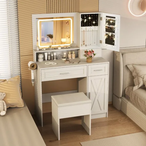 Ensemble de Coiffeuse et Tabouret Table de Maquillage avec Miroir LED à 3 Couleurs Station de Charge pour Femme Fille Blanc