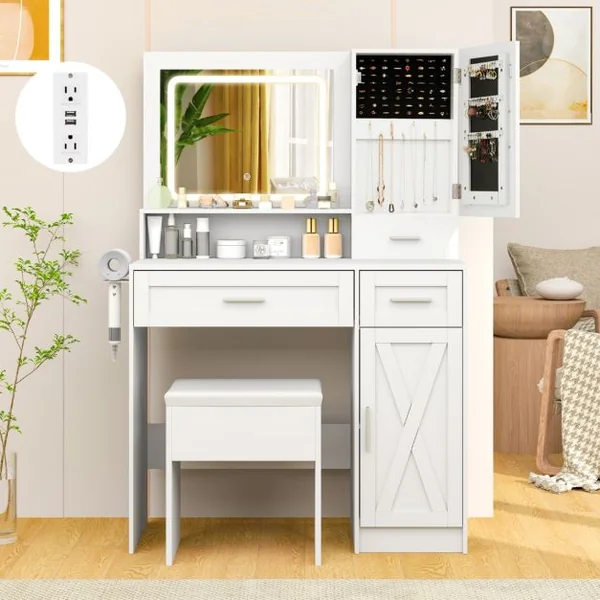 Ensemble de Coiffeuse et Tabouret Table de Maquillage avec Miroir LED à 3 Couleurs Station de Charge pour Femme Fille Blanc