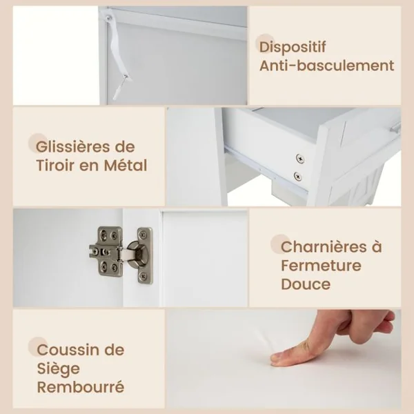 Ensemble de Coiffeuse et Tabouret Table de Maquillage avec Miroir LED à 3 Couleurs Station de Charge pour Femme Fille Blanc