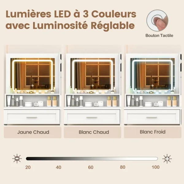 Ensemble de Coiffeuse et Tabouret Table de Maquillage avec Miroir LED à 3 Couleurs Station de Charge pour Femme Fille Blanc