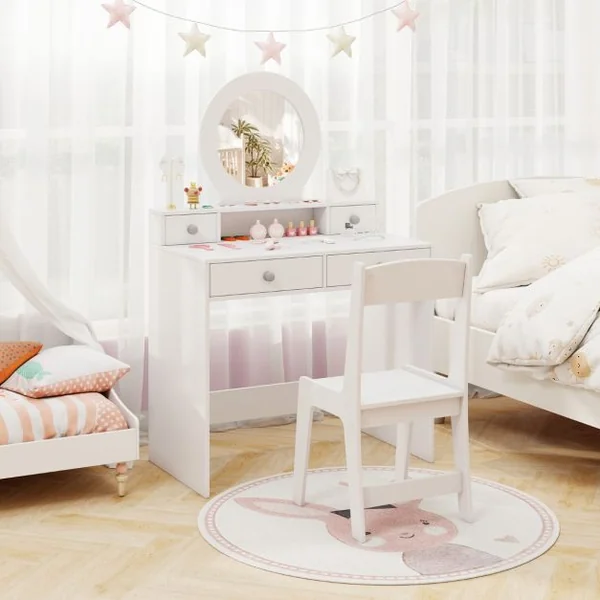 Ensemble de Coiffeuse pour Enfants avec Miroir Coiffeuse et Chaise avec Miroir Etagère Ouverte et 4 Tiroirs de Rangement pour 3+ Ans Blanc