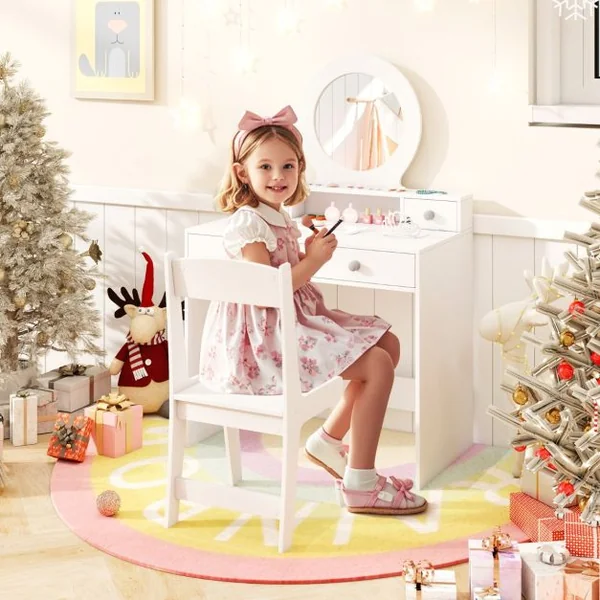 Ensemble de Coiffeuse pour Enfants avec Miroir Coiffeuse et Chaise avec Miroir Etagère Ouverte et 4 Tiroirs de Rangement pour 3+ Ans Blanc
