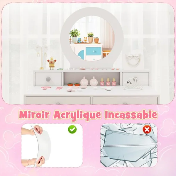 Ensemble de Coiffeuse pour Enfants avec Miroir Coiffeuse et Chaise avec Miroir Etagère Ouverte et 4 Tiroirs de Rangement pour 3+ Ans Blanc
