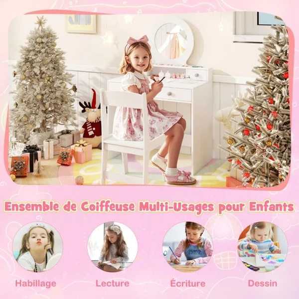Ensemble de Coiffeuse pour Enfants avec Miroir Coiffeuse et Chaise avec Miroir Etagère Ouverte et 4 Tiroirs de Rangement pour 3+ Ans Blanc