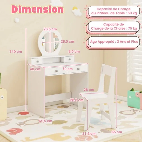 Ensemble de Coiffeuse pour Enfants avec Miroir Coiffeuse et Chaise avec Miroir Etagère Ouverte et 4 Tiroirs de Rangement pour 3+ Ans Blanc