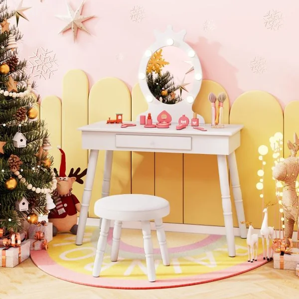 Ensemble de Coiffeuse pour Enfants avec Miroir Eclairé Ensemble de Table et Tabouret avec Luminosité Réglable pour 3-7 Ans Rose/Blanc/Violet