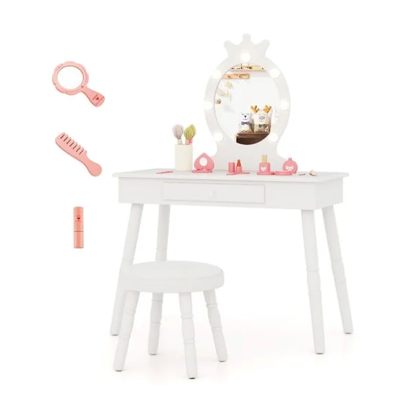 Ensemble de Coiffeuse pour Enfants avec Miroir Eclairé Ensemble de Table et Tabouret avec Luminosité Réglable pour 3-7 Ans Rose/Blanc/Violet