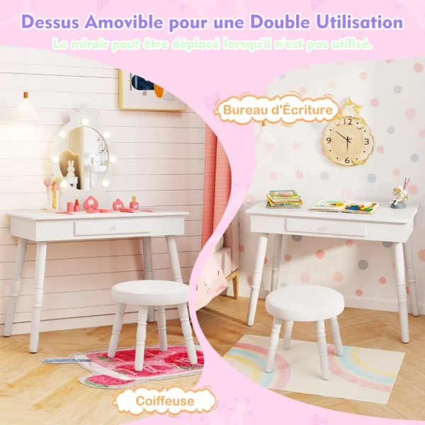 Ensemble de Coiffeuse pour Enfants avec Miroir Eclairé Ensemble de Table et Tabouret avec Luminosité Réglable pour 3-7 Ans Rose/Blanc/Violet