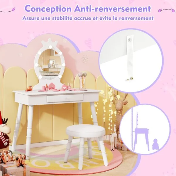 Ensemble de Coiffeuse pour Enfants avec Miroir Eclairé Ensemble de Table et Tabouret avec Luminosité Réglable pour 3-7 Ans Rose/Blanc/Violet