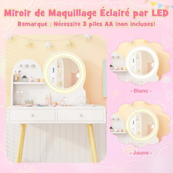 Ensemble de Coiffeuse pour Enfants avec Miroir Éclairé Table de Maquillage et Chaise avec Lumières Étagère Ouverte Crochets Blanc