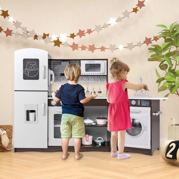 Ensemble de Cuisine d'Angle pour Enfants de 3+ Ans avec Lumière et Machine à Glaçons Micro-Ondes Hotte Aspirante Téléphone Marron