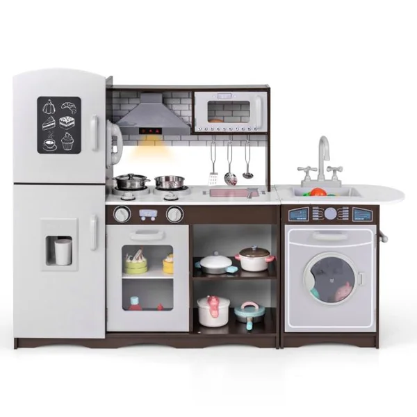Ensemble de Cuisine d'Angle pour Enfants de 3+ Ans avec Lumière et Machine à Glaçons Micro-Ondes Hotte Aspirante Téléphone Marron