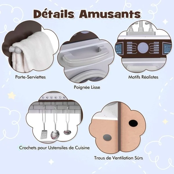 Ensemble de Cuisine d'Angle pour Enfants de 3+ Ans avec Lumière et Machine à Glaçons Micro-Ondes Hotte Aspirante Téléphone Marron