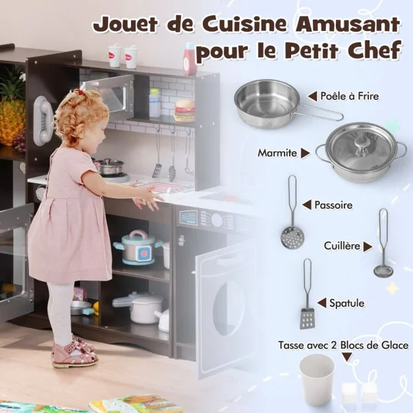Ensemble de Cuisine d'Angle pour Enfants de 3+ Ans avec Lumière et Machine à Glaçons Micro-Ondes Hotte Aspirante Téléphone Marron