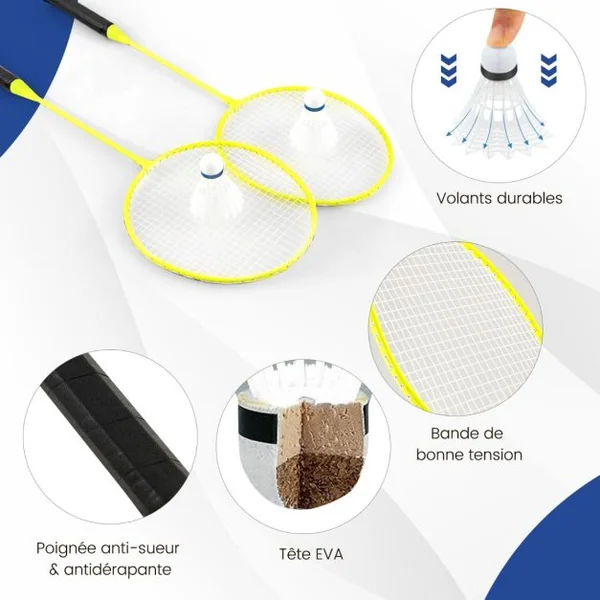 Ensemble de Filet et Raquettes de Badminton Ensemble de Badminton Portable 2 Volants Filet Premium 2 Raquettes Boîte de Rangement Jeu Bleu