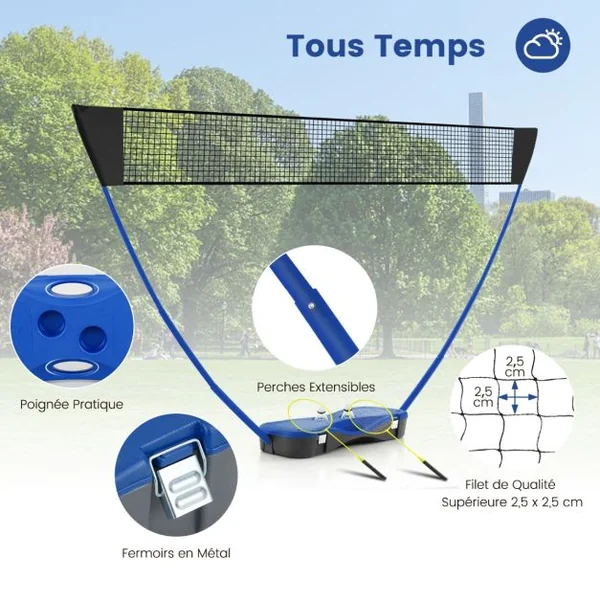 Ensemble de Filet et Raquettes de Badminton Ensemble de Badminton Portable 2 Volants Filet Premium 2 Raquettes Boîte de Rangement Jeu Bleu