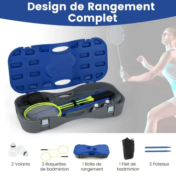 Ensemble de Filet et Raquettes de Badminton Ensemble de Badminton Portable 2 Volants Filet Premium 2 Raquettes Boîte de Rangement Jeu Bleu