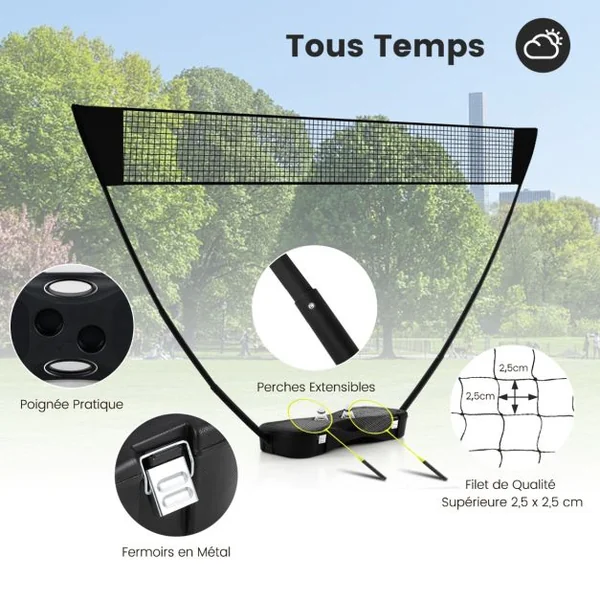 Ensemble de Filet et Raquettes de Badminton Ensemble de Badminton Portable 2 Volants Filet Premium 2 Raquettes Boîte de Rangement Jeu Noir