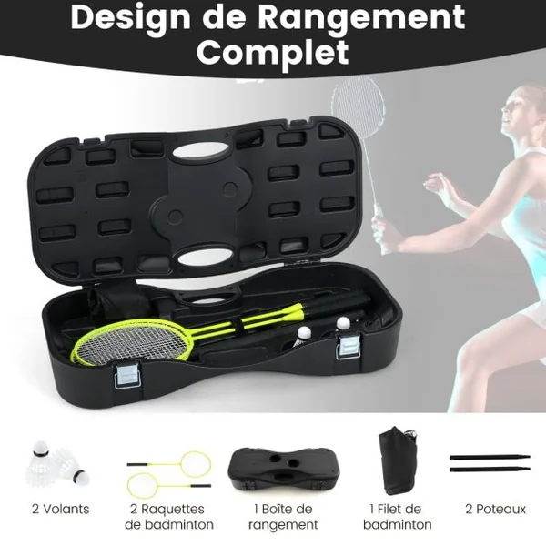 Ensemble de Filet et Raquettes de Badminton Ensemble de Badminton Portable 2 Volants Filet Premium 2 Raquettes Boîte de Rangement Jeu Noir