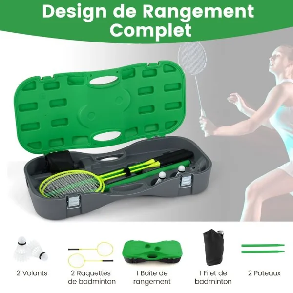 Ensemble de Filet et Raquettes de Badminton Ensemble de Badminton Portable 2 Volants Filet Premium 2 Raquettes Boîte de Rangement Jeu Vert