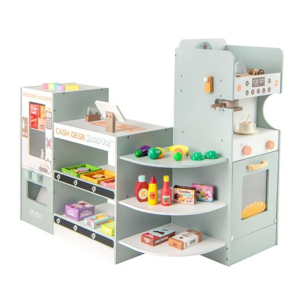 Ensemble de Jeu d'Epicerie pour Enfants Supermarché en Bois avec Distributeur Automatique Comptoir de Caisse pour 3+ Ans Gris