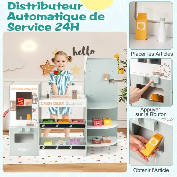 Ensemble de Jeu d'Epicerie pour Enfants Supermarché en Bois avec Distributeur Automatique Comptoir de Caisse pour 3+ Ans Gris
