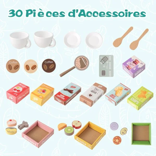 Ensemble de Jeu d'Epicerie pour Enfants Supermarché en Bois avec Distributeur Automatique Comptoir de Caisse pour 3+ Ans Gris