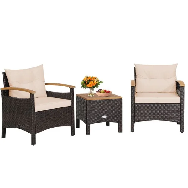 Ensemble de Meubles 3 Pièces de Patio en Rotin Charge 160KG Salon de Jardin 2 Fauteuils Table Basse avec Coussin Amovible pour Jardin Blanc/Marron