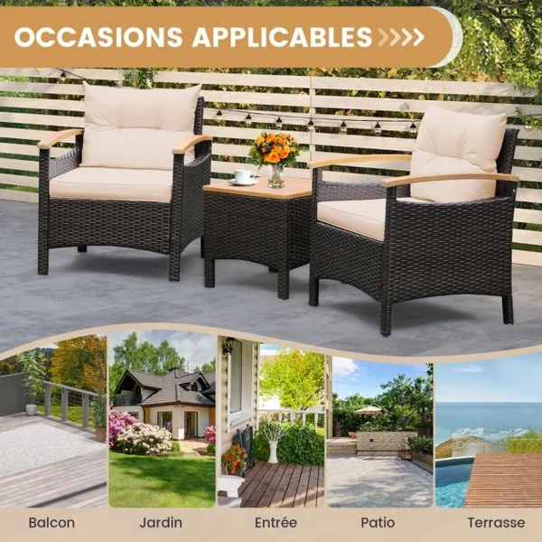 Ensemble de Meubles 3 Pièces de Patio en Rotin Charge 160KG Salon de Jardin 2 Fauteuils Table Basse avec Coussin Amovible pour Jardin Blanc/Marron