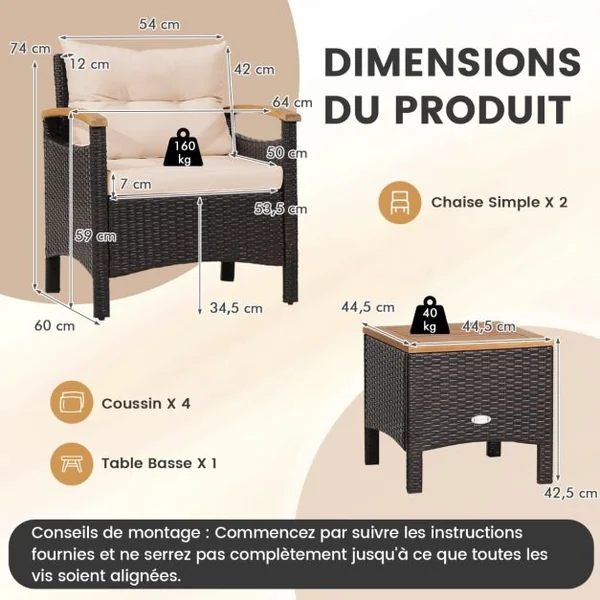 Ensemble de Meubles 3 Pièces de Patio en Rotin Charge 160KG Salon de Jardin 2 Fauteuils Table Basse avec Coussin Amovible pour Jardin Blanc/Marron