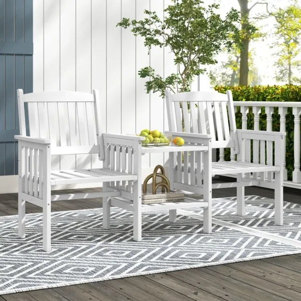 Ensemble de Meubles de Patio 2 Places en Bois de Sapin Salon de Jardin avec 2 Chaises à Lattes Table Basse Blanc