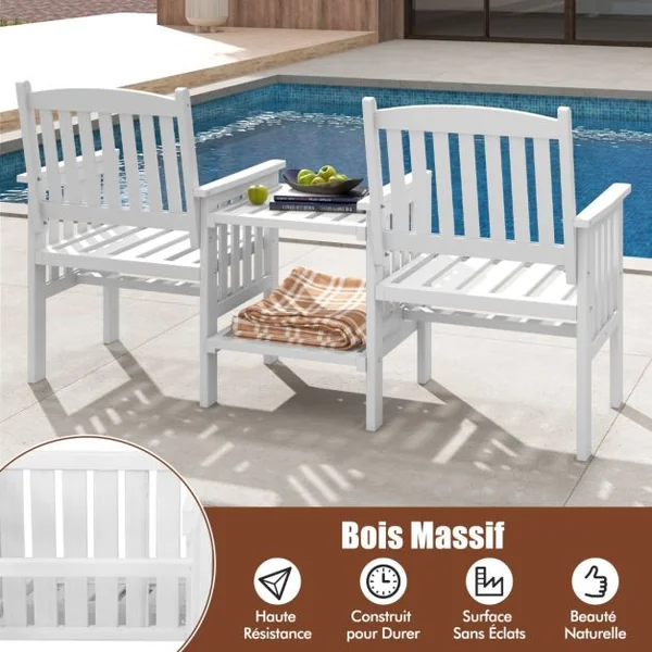 Ensemble de Meubles de Patio 2 Places en Bois de Sapin Salon de Jardin avec 2 Chaises à Lattes Table Basse Blanc