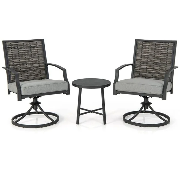 Ensemble de Meubles de Patio 3 Pièces Salon de Jardin avec Chaises en Osier Pivotantes Table Basse Coussins de Siège Cadre en Métal Robuste