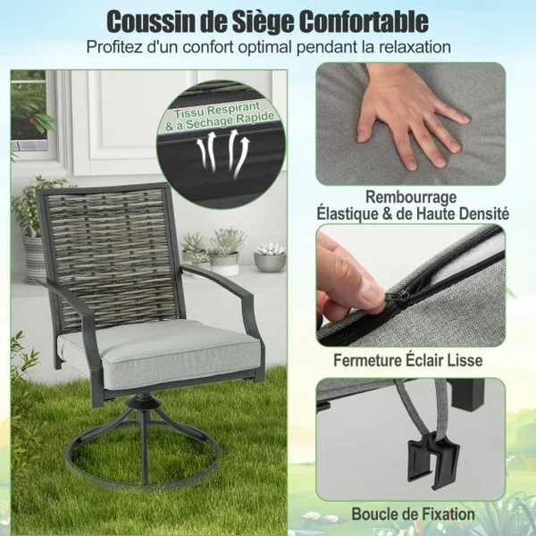 Ensemble de Meubles de Patio 3 Pièces Salon de Jardin avec Chaises en Osier Pivotantes Table Basse Coussins de Siège Cadre en Métal Robuste