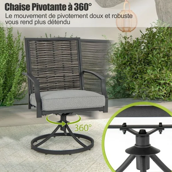 Ensemble de Meubles de Patio 3 Pièces Salon de Jardin avec Chaises en Osier Pivotantes Table Basse Coussins de Siège Cadre en Métal Robuste