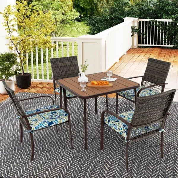 Ensemble de Meubles de Patio 5 Pièces Salon de Jardin 4 Fauteuils en Rotin avec Coussins et Table Carrée avec Trou pour Parasol