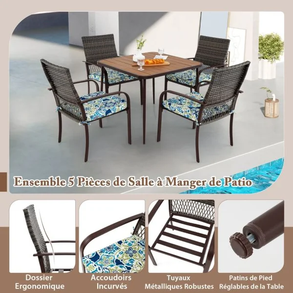 Ensemble de Meubles de Patio 5 Pièces Salon de Jardin 4 Fauteuils en Rotin avec Coussins et Table Carrée avec Trou pour Parasol
