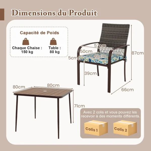 Ensemble de Meubles de Patio 5 Pièces Salon de Jardin 4 Fauteuils en Rotin avec Coussins et Table Carrée avec Trou pour Parasol