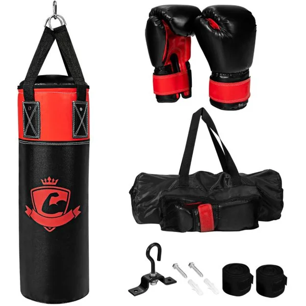 Ensemble de Sac de Frappe Enfants 60cm avec Gants de Boxe Bandages Sac de Rangement Entraînement au Karaté Taekwondo Noir