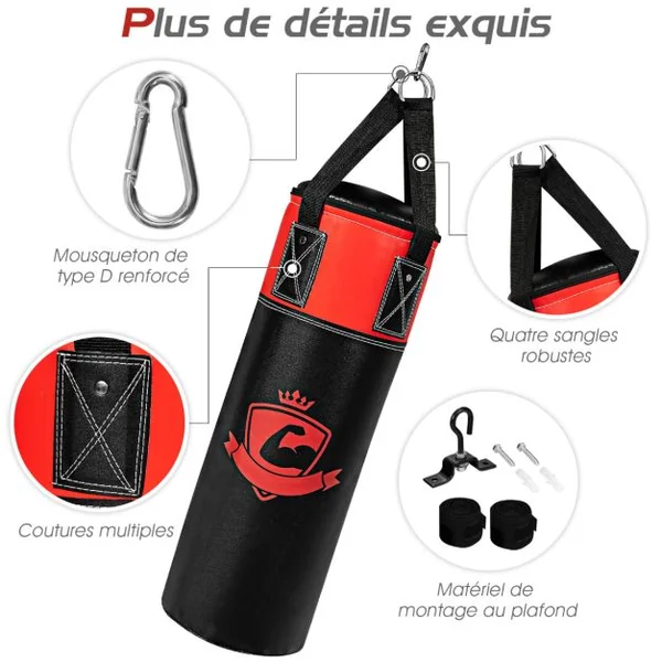 Ensemble de Sac de Frappe Enfants 60cm avec Gants de Boxe Bandages Sac de Rangement Entraînement au Karaté Taekwondo Noir