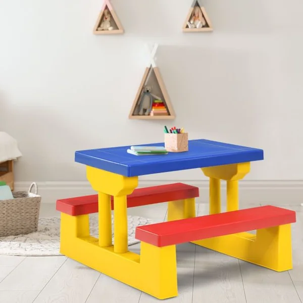 Ensemble de Salon de Jardin pour Enfant Ensemble Table et Banc pour Enfant avec Parasol en PP Multicolore/Rouge